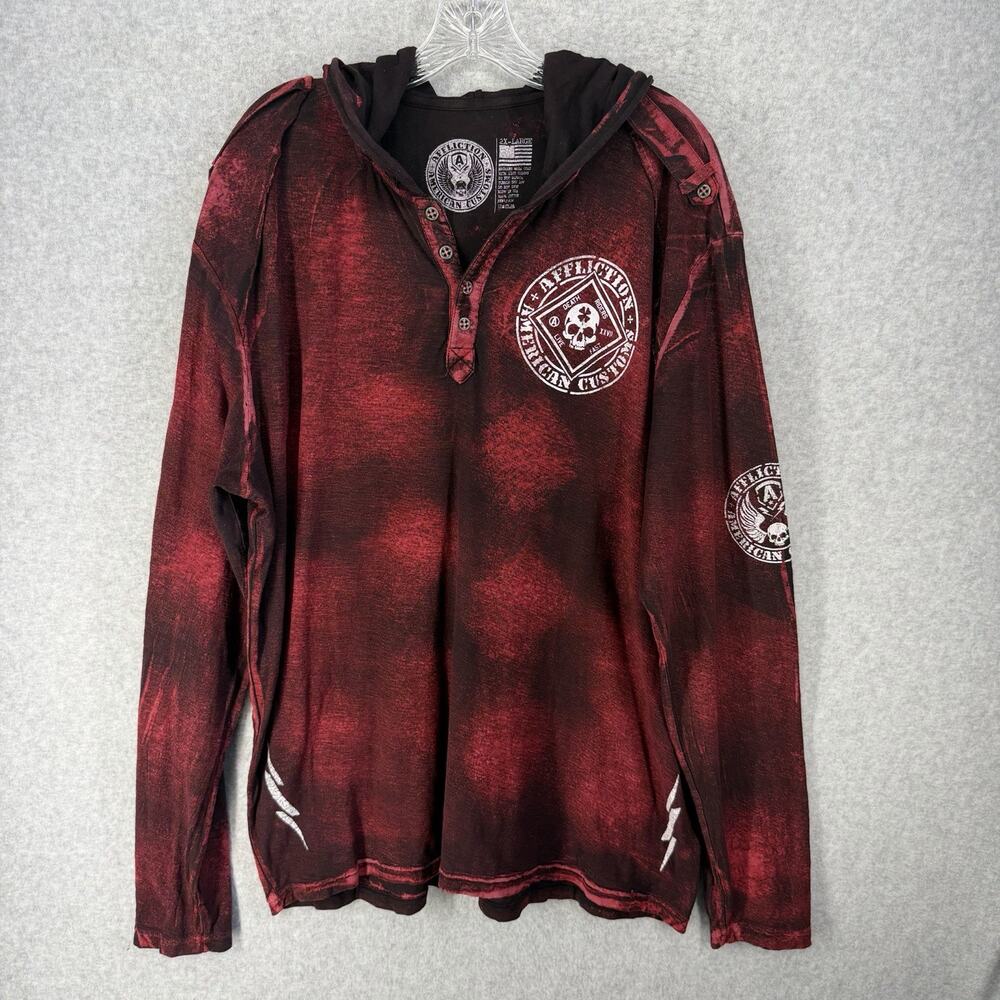 Affliction American Customs Henley Hoodie 2X Red Distressed Y2K - Picture 15 of 15